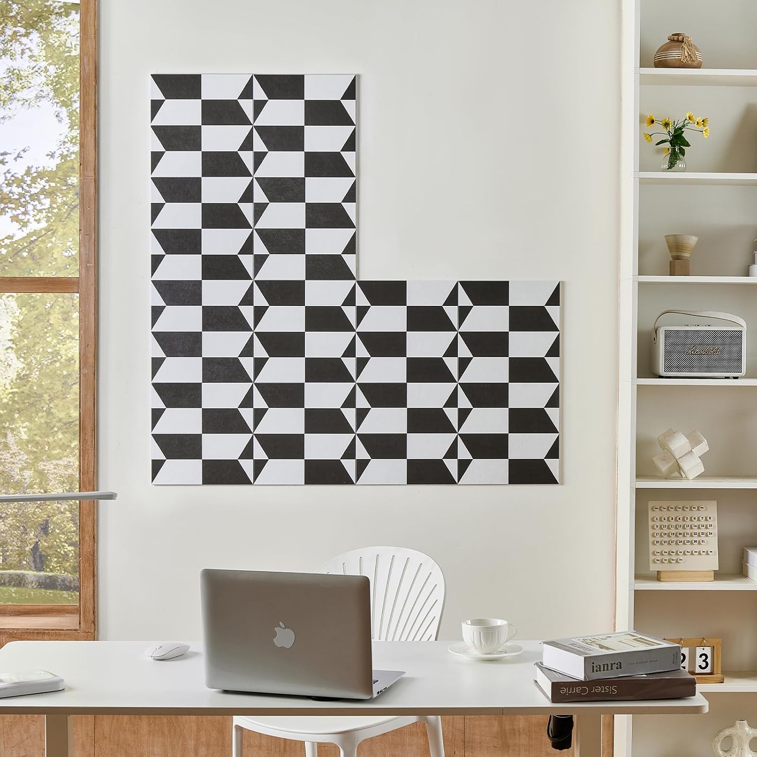 Lightomorrow 12-Pack Felt Wall Tiles, Large Bulletin Board with Safe Removable Adhesive Tapes, 11.8 x 11.8in Panels Alternative for Home Wall Decor, Black-and-White Pattern