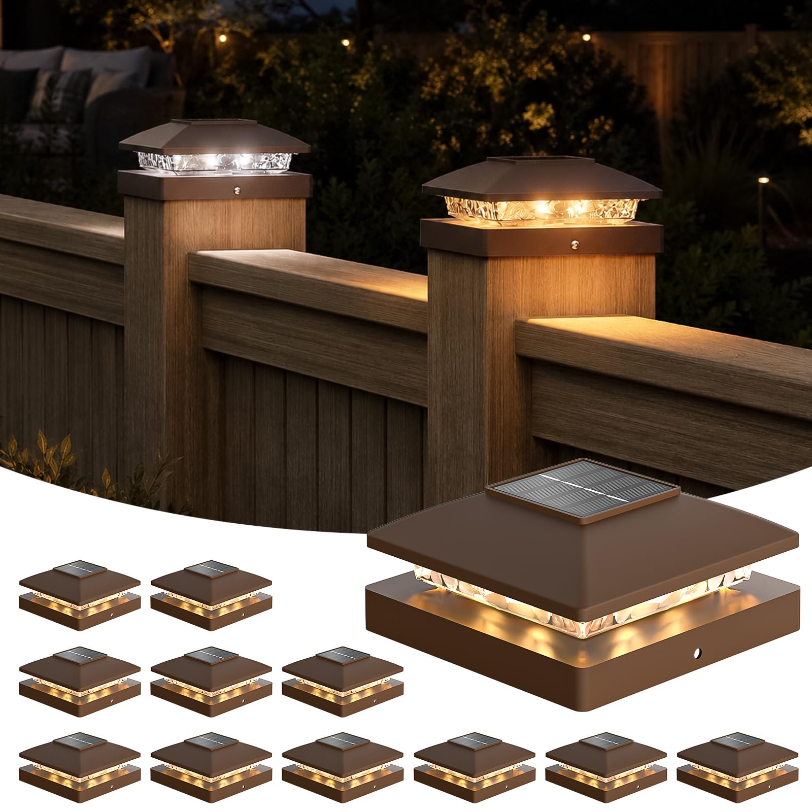 Photo 1 of APONUO Solar Post Cap Lights for 4x4 Posts - IP64 Waterproof, Warm/Cool White, Wireless Fence Lights & Deck Lights for Patios, Gardens, and Yards, Brown,12 Pack