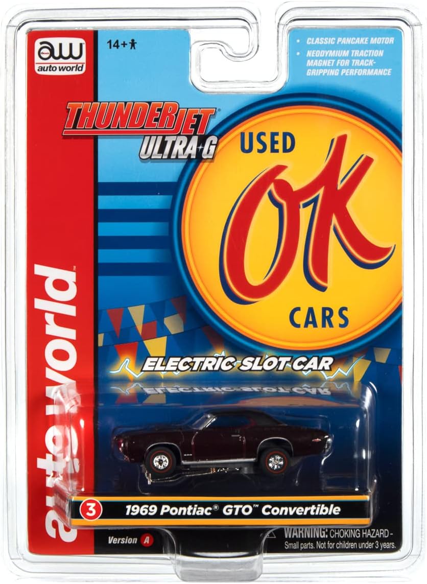 Auto World Thunderjet OK Used Cars 1969 Pontiac GTO Convertible (Burgundy) HO Scale Slot Car