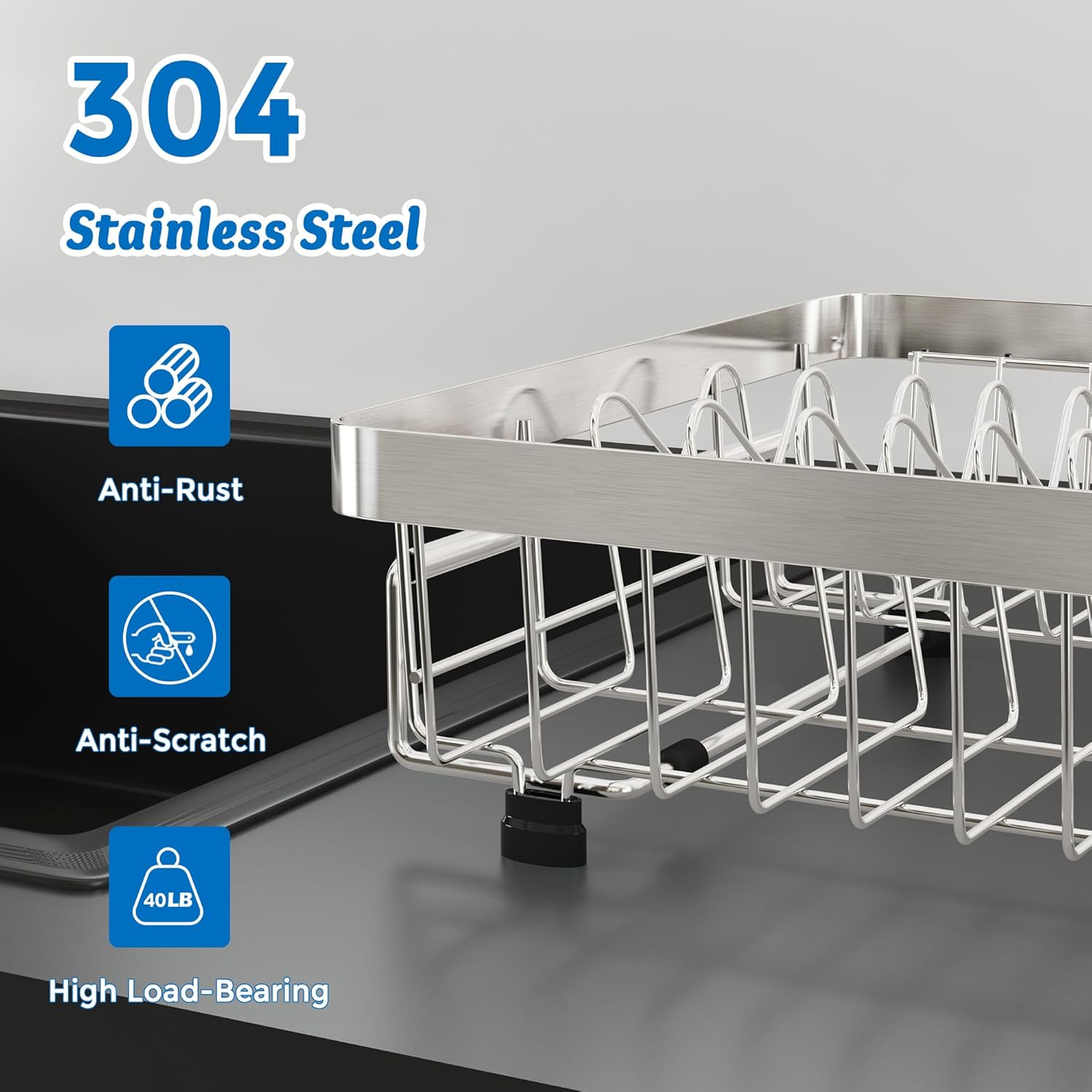 MAJALiS Expandable in Sink Dish Drying Rack, Adjustable Capacity (11.4''-17.4''L) Stainless Steel Over Sink Dish Drainers Rack for Kitchen Sinks with Utensil Holder, Silver