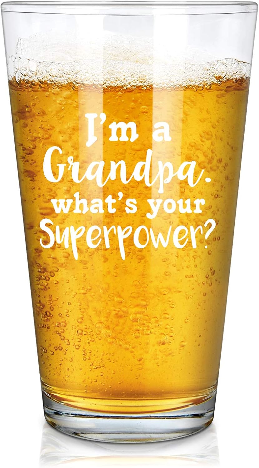Buу 1 gеt 1 Father's Day Gift, I'm a Grandpa, What's Your Superpower Beer Glass for Grandpa New Grandpa To Father’s Day Christmas Birthday, Funny 15Oz Drinking Glass for Beer Wine Water Cocktail