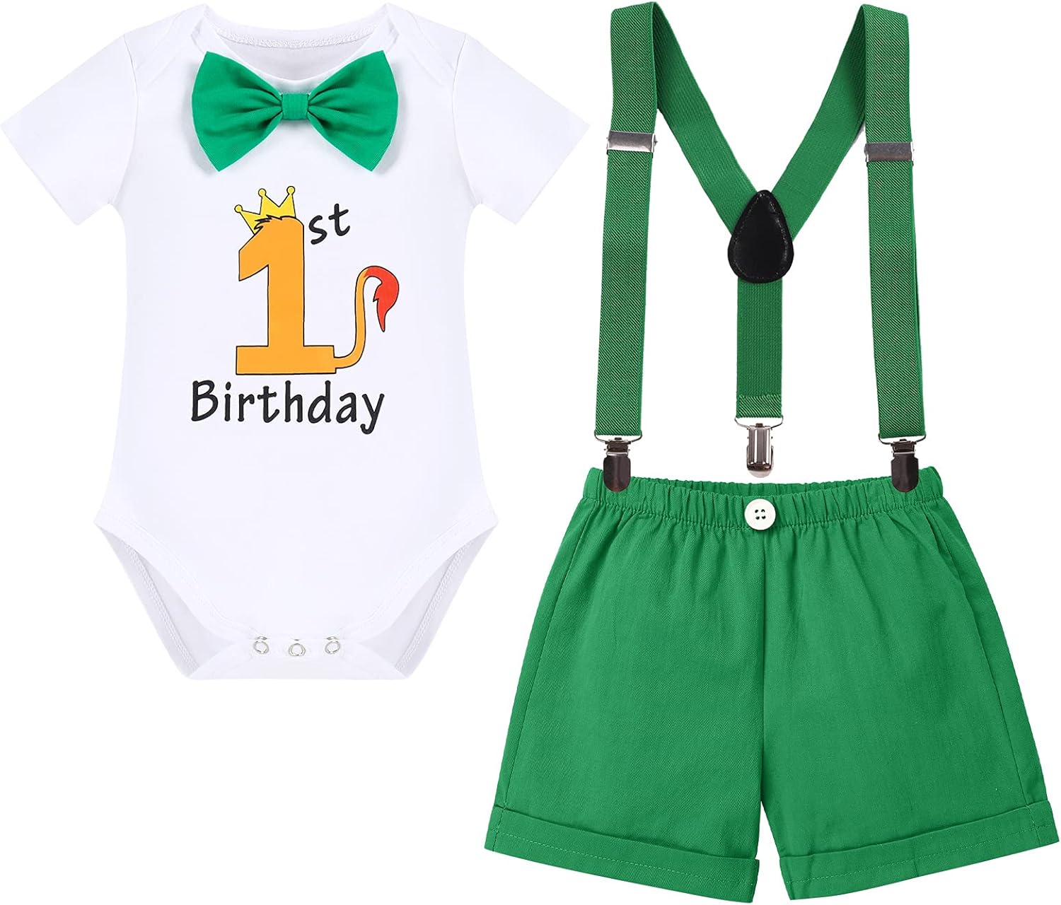 IBTOM CASTLE Traje de primer cumpleaños para bebé niño, diseño de selva, corbatín + pantalones cortos y tirantes en Y, 3 piezas de accesorios para