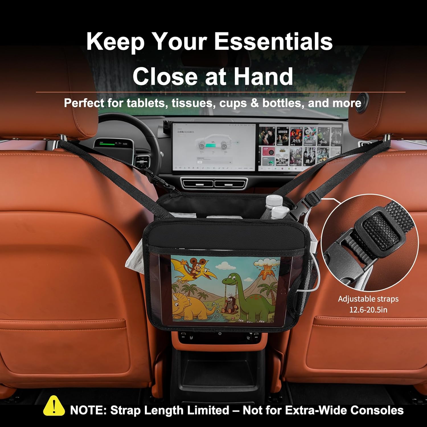 Car Storage Organizer [UPDATED] Leather Car Caddy for Front Seat Back Seats Multiple-Pockets Adjustable Strap Buckles Slip-Resistant (Black)