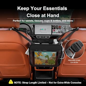 Car Organizer Bag for Back Seat, Front Seat or Between Seats – Premium PU Leather Hanging Storage Caddy with Tablet Holder, Tissue Box, Cup & Bottle Holders, Mesh Pockets for Kids & Road Trips