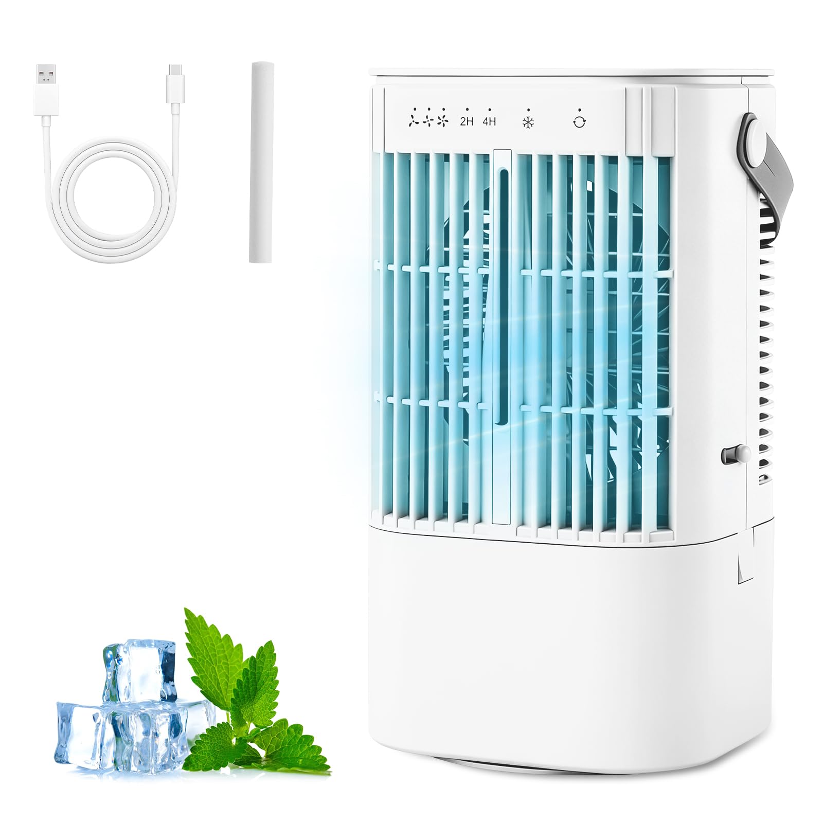 Mobile Klimaanlage mit 900ml Wassertank, Ventilator | 2/4 h Timer, 3 Windgeschwindigkeiten, Sprühfunktion, 7 Farben Licht, Mini Luftkühler für Schlafzimmer und Büro