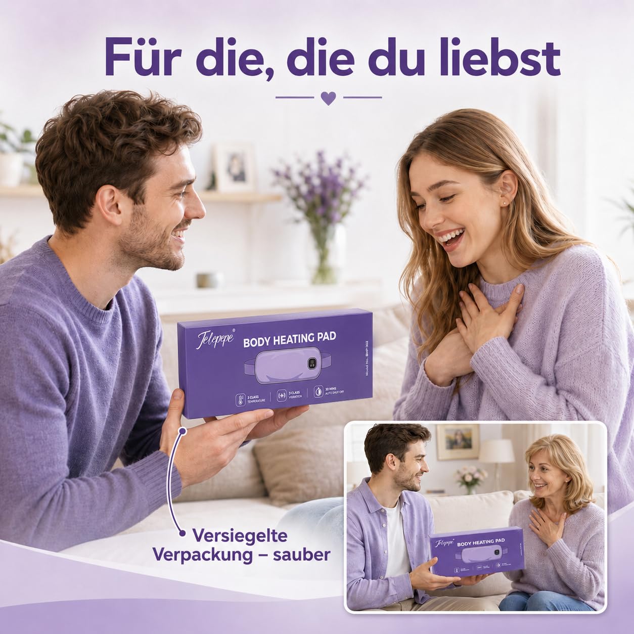 Wärmegürtel Periode, 5000mAh Perioden Wärmegürtel für Krämpfe, 3 Wärmestufen&Vibrationsmassage, 11x140cm Kabellos Heizgürtel für Periode-Bauch und -Rücken, Geschenk für Frauen und Mädchen (Lila)