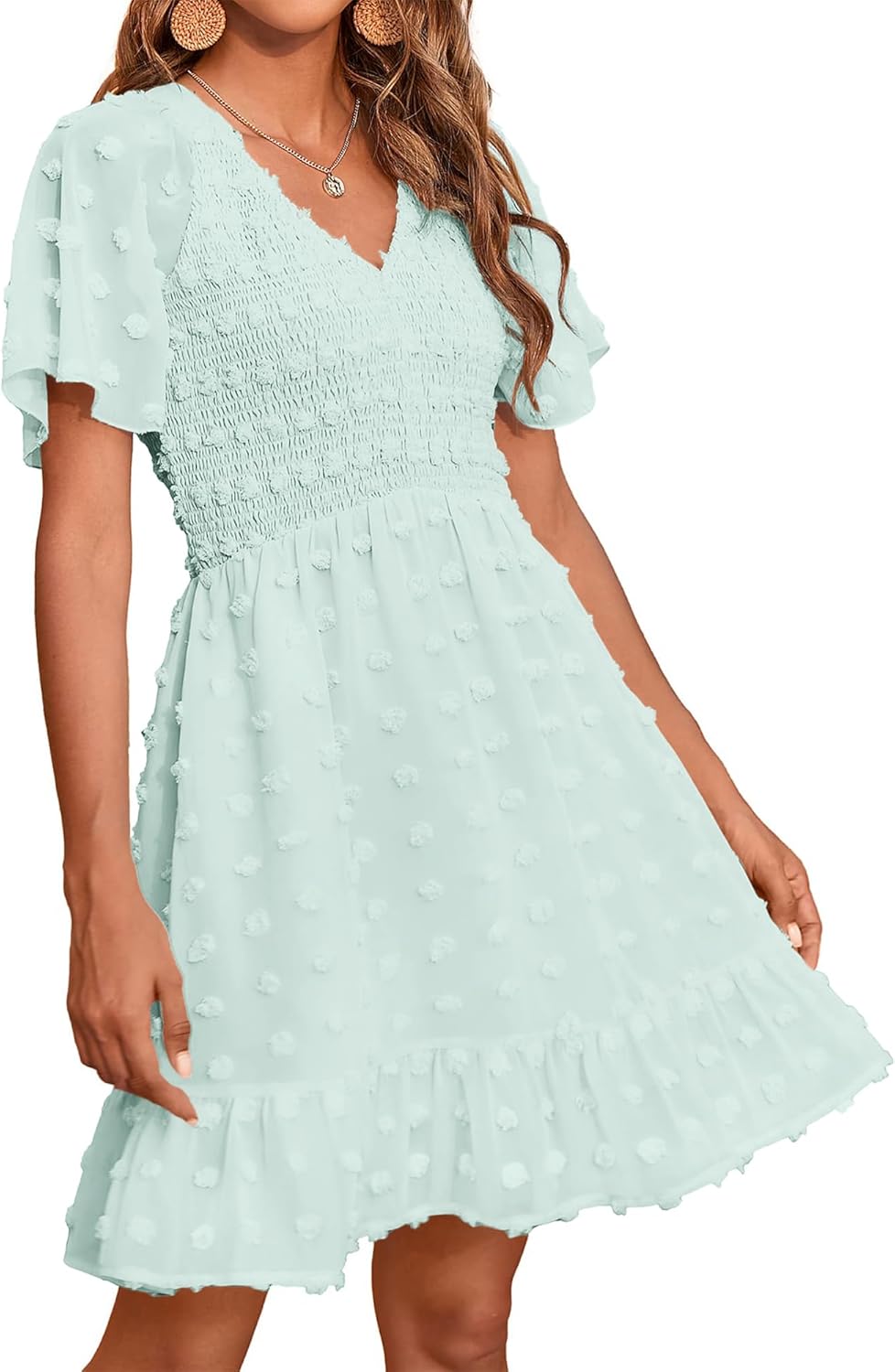 BTFBM Womens Beach Vacation Dress Summer 2025 V Neck Short Sleeve Smocked Swiss Dot Cute Ruffle Casual Fall Mini Dresses