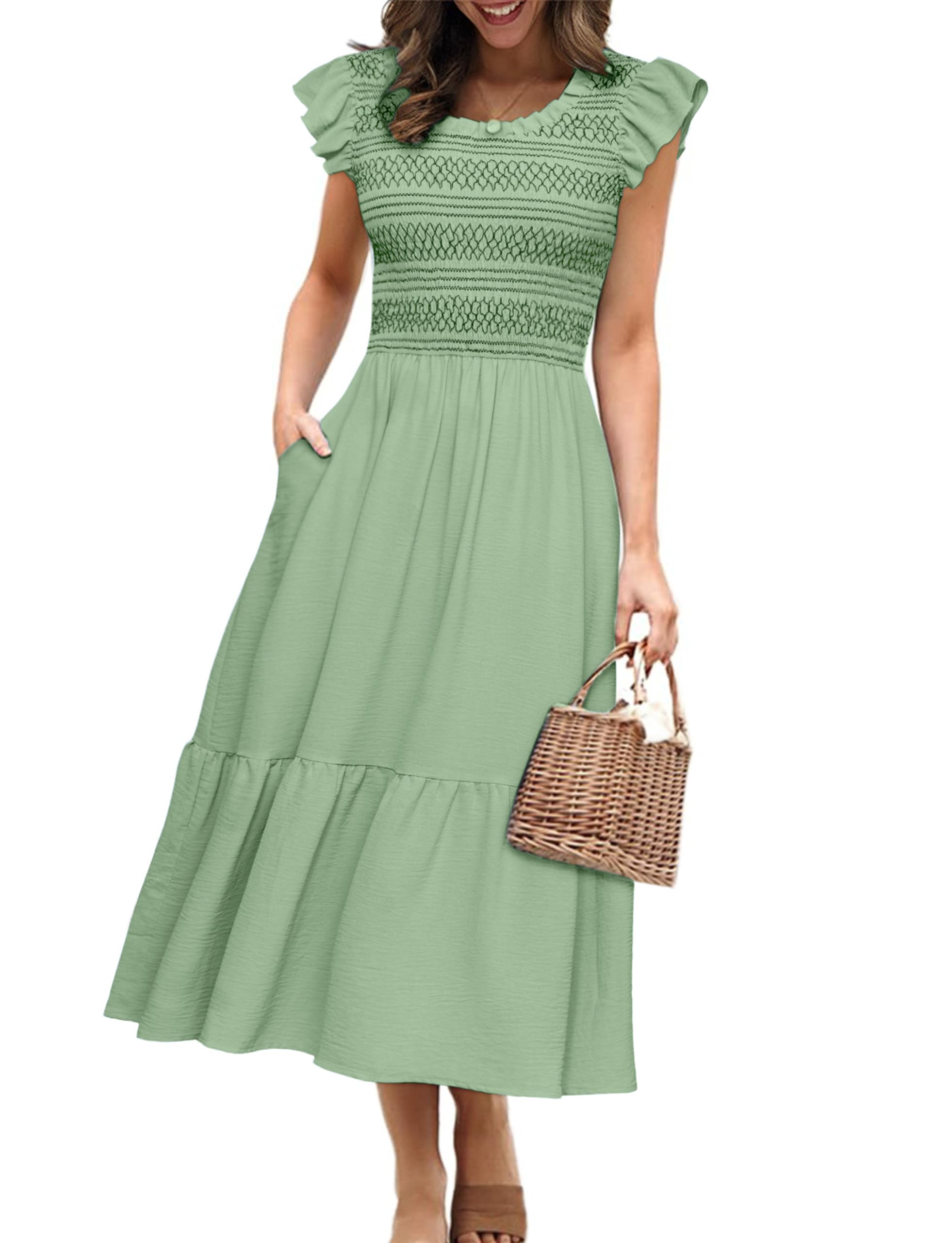 Simplee Womens Summer Midi Dress Casual Boho Smocked Waist Flutter Sleeve A Line Flowy Tiered Dress with Pockets