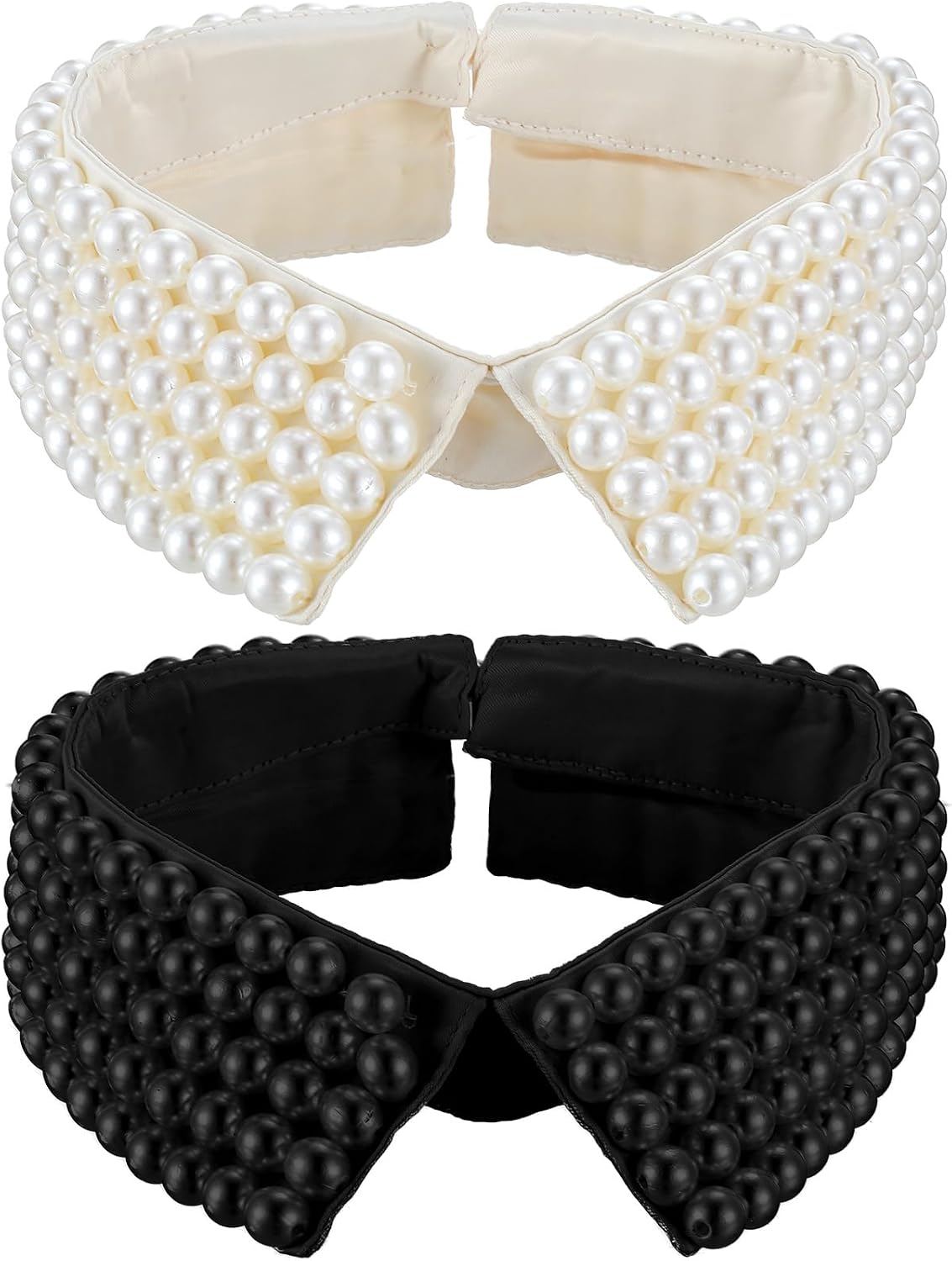 2 Pieces Pearl Collar Necklace for Women, Fashion Handmade Detachable Fake Collar with Adjustable Extension Chain, Apricot & Black Vintage Simulated Pearl Beaded Bib Dickey for Girls