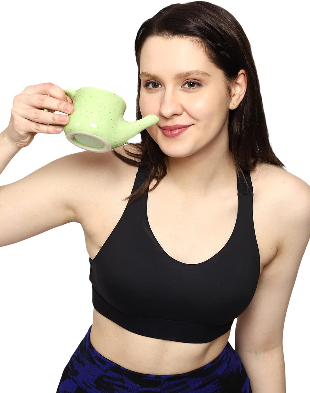 Ceramic Neti Pot, SPILL PROOF with 5 Sachet Neti Salt - Green Frackle Color, Holds 250 ML (8.4 FL Oz)