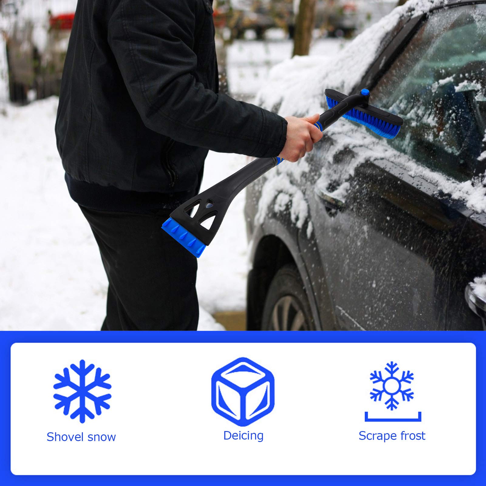 Grattoir à Glace 3-en-1 Voiture - Balai Neige, Tête Rotative 180°, Manche Télescopique - Pour SUV Et Voitures