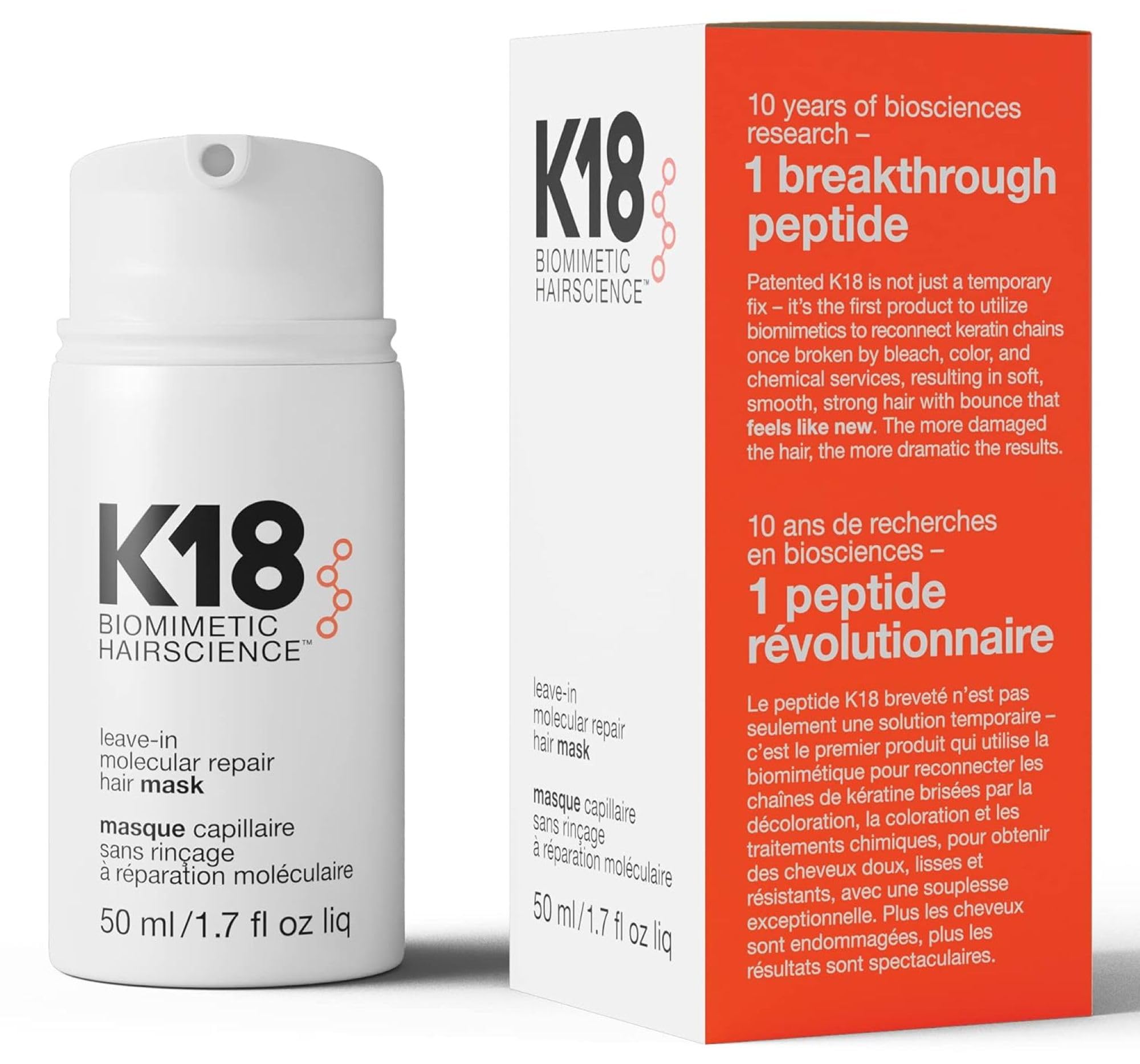K18Leave-In Molecular Hair Mask, Repairs Dry or Damaged Hair, Reverse Hair Damage from Bleach, Colour, Chemical Services & Heat, 50ml