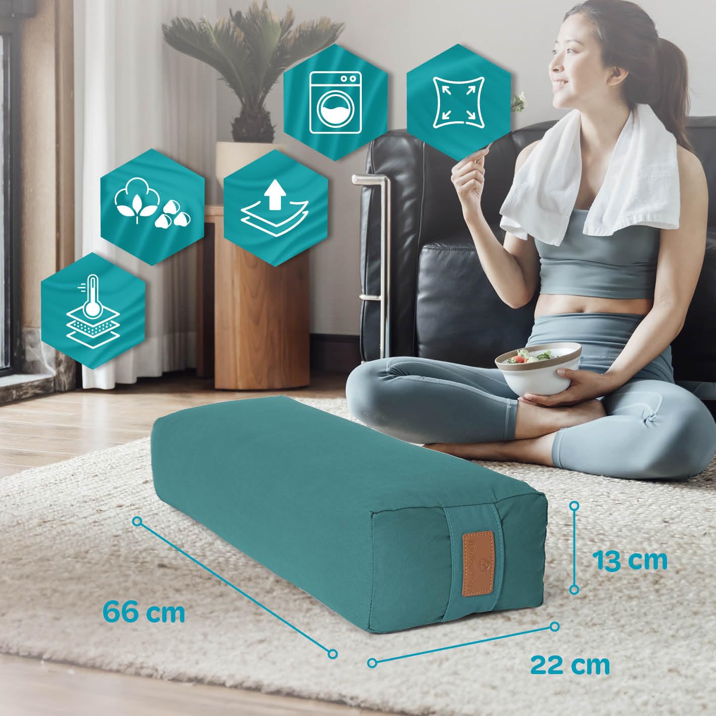 Bolster yoga angolare »Paravati« con pula di farro bio (coltivaz. biolog. controllata) / Lunghezza ca 67cm e ca. 13cm Altezza - ideale come cuscino yoga / cuscino zafu / cuscino meditazione / supporto meditazione / elevato comfort alla seduta / lavabile i