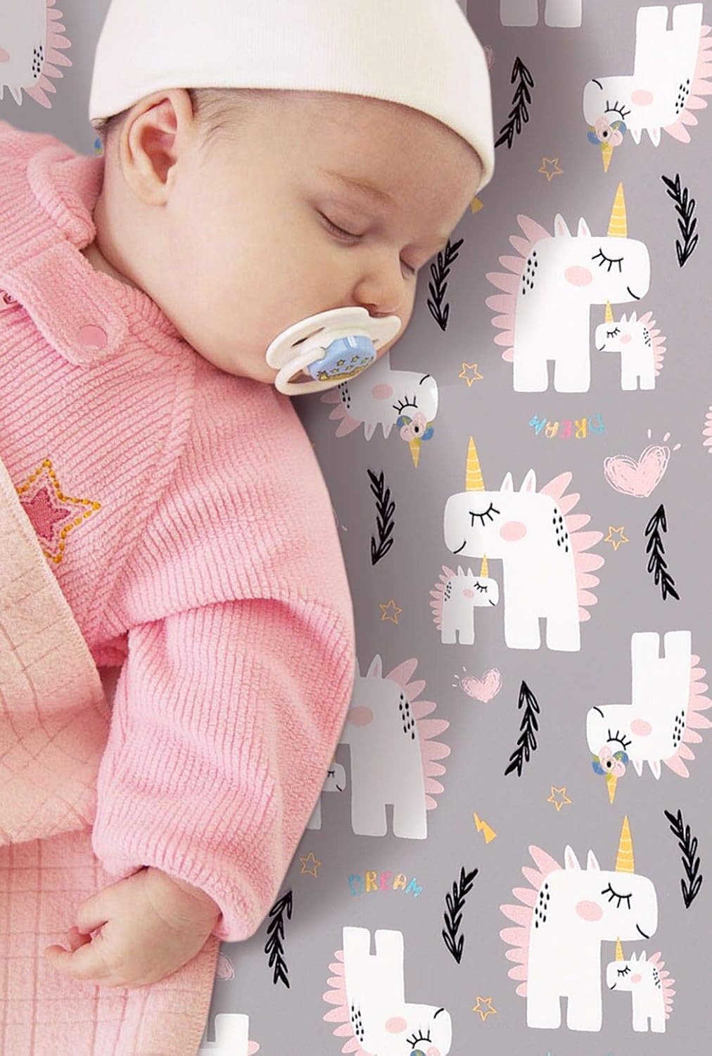 Stretchy Ultra Soft Jersey Knit Fitted Pack n Play Playard Sheets Set 2 Pack, Fits Portable/Mini Cribs Sheets, Playards Mattress Pads, Pink Simple Triangle/Dream Unicorn for Girls image 4