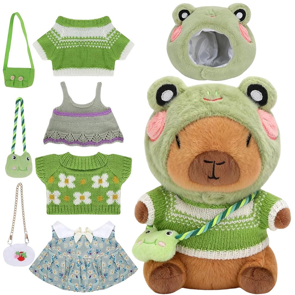 RNPKZ 25 cm Capybara Plush with Clothes Accessories, 9 PCS Capybara Stuffed Animal, Capybara Plush Toy, Cute Capybara Doll, Dress Up Capybaras Stuffed Animal PlushToys, Gift for Boys Girls