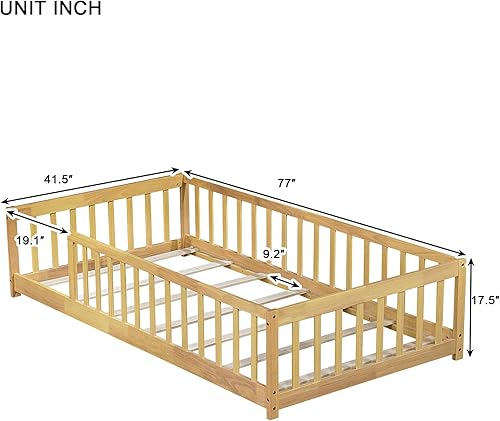 Miniatura 43 de Harper & Bright Designs Cama de suelo tamaño Queen con valla y puerta, marco de cama Montessori de madera para niños, niñas, listones incluidos, no
