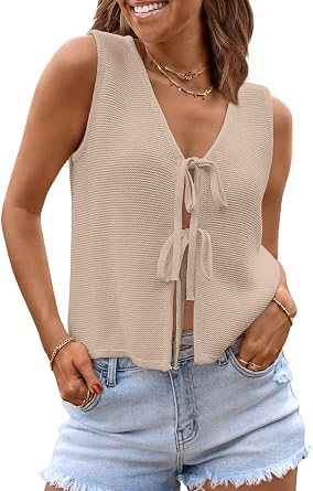 LILLUSORY Womens Tie Front Tops Vacation Sweater Vest | Bohemian Style, Beach Resort Wear, Concert Western Outfits, Crochet Tops, Vacation Outfits, Cute Y2k Sleeveless 2026