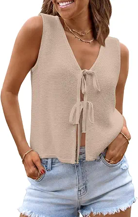 LILLUSORY Women's Tie Front Top - Bohemian Beach Vacation Sweater Vest