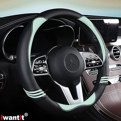 Miniatura 2 de Iwantit Funda para volante con fibra de carbono y anillo de goma antideslizante, ajuste universal de 14.5 a 15 pulgadas para automóviles, SUV (verde