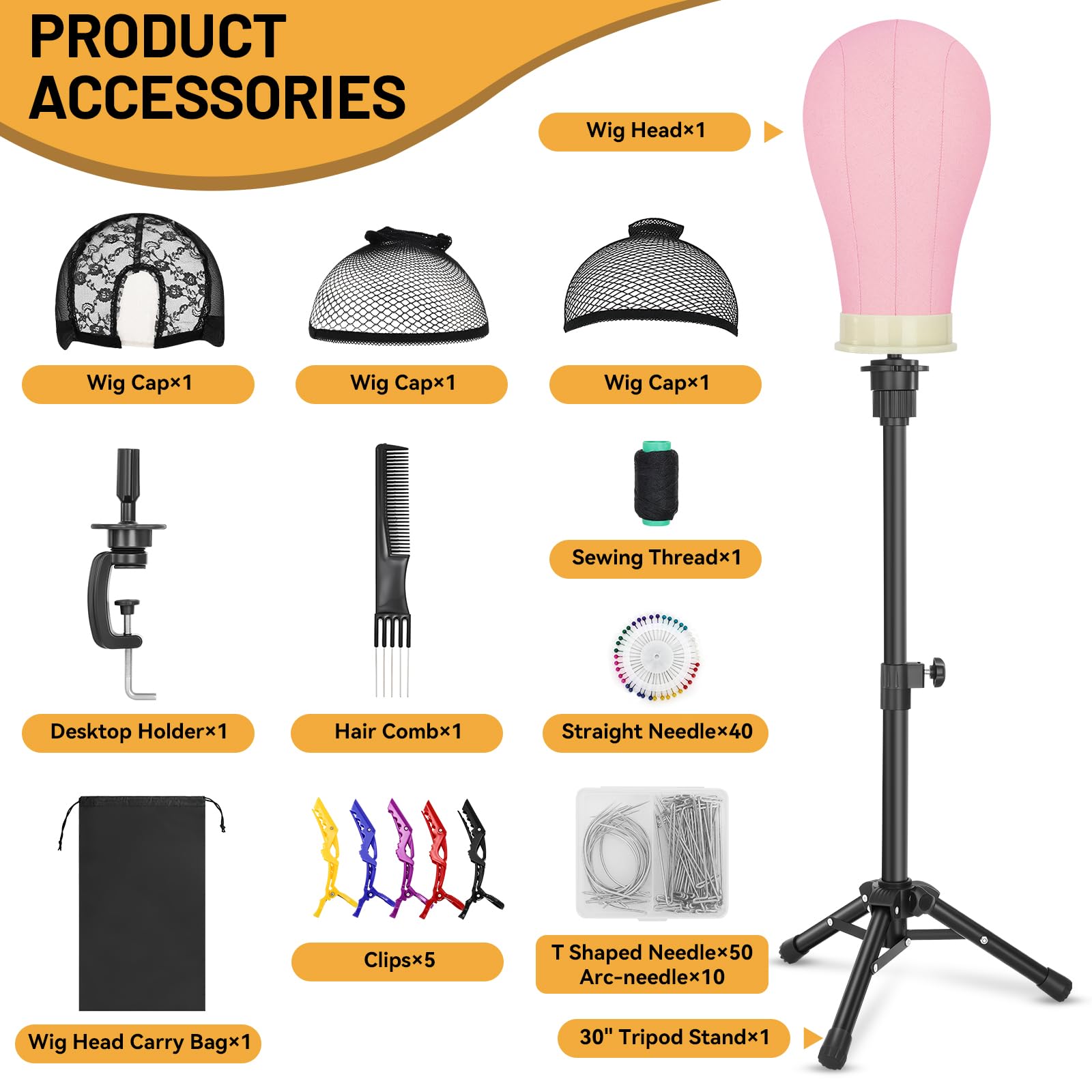 Wig Stand with Head 22", Height Adjustable Tripod Stand 30", Wig Head Stand with Pink Canvas Block Mannequin Head, Include Table Clamp Stand, Wig Caps, T Pins for Wigs Styling, Making & Display