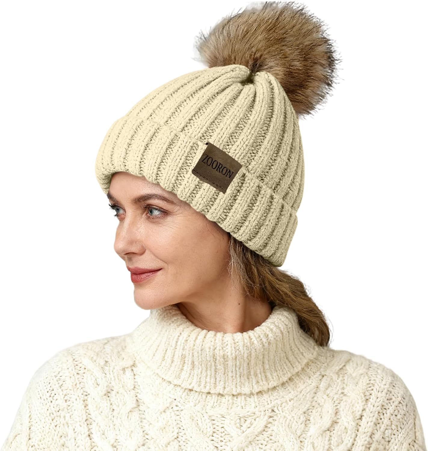 ZOORON Beanies for Womens Winter Knitted Beanies Hats with Faux Fur Pom Warm Knit Skull Cap - Image 2