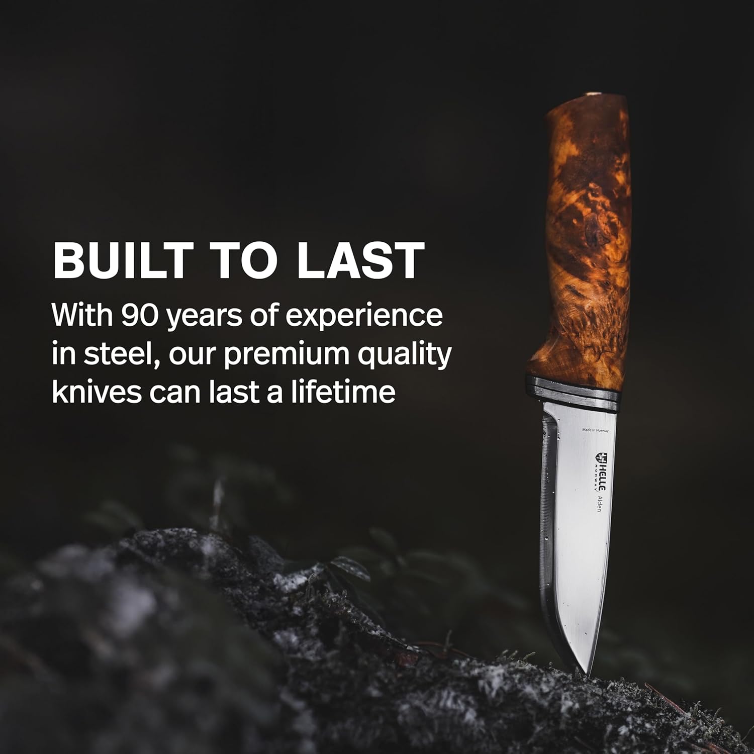 HELLE Knives - Alden - Outdoor Fishing Knife, Stainless Steel Drop Point Blade, Curly Birch Handle, Fixed Blade With Sheath, Handcrafted