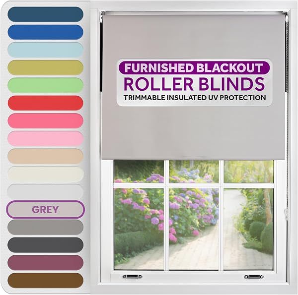 FURNISHED Roller Blinds Thermal Blackout Roller Blind - Trimmable Insulated UV Protection Child Safe Easy Fit Home Office Window Blinds, Grey, 85 cm Wide x 165 cm Long - 1
