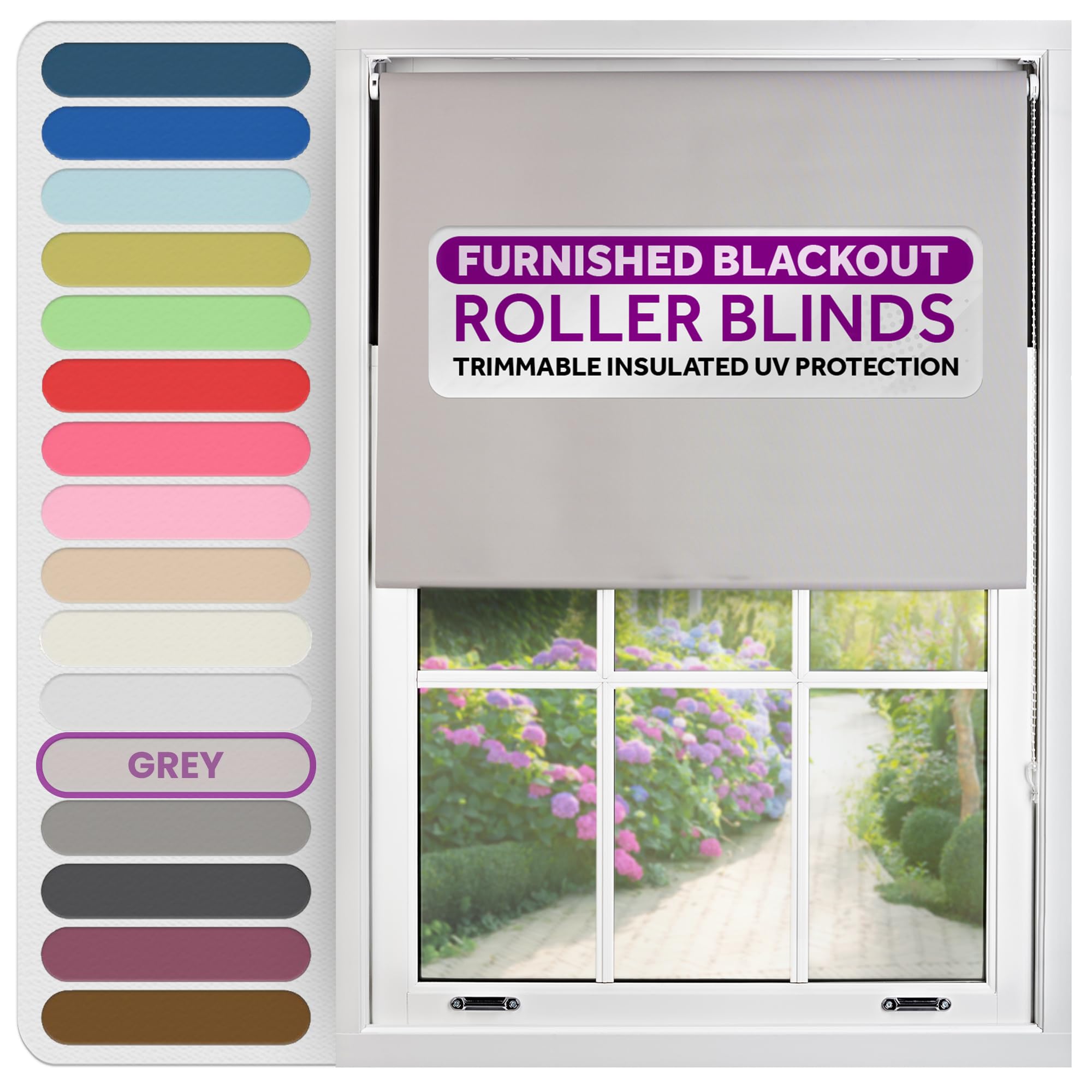 FURNISHED Roller Blinds Thermal Blackout Roller Blind - Trimmable Insulated UV Protection Child Safe Easy Fit Home Office Window Blinds, Grey, 60W x 165H cm