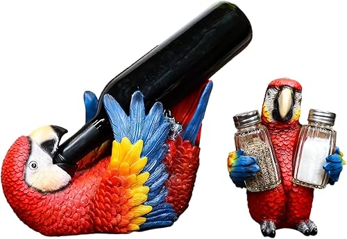 Ebros Gift Paquete de 2 saleros y pimenteros con diseño de selva tropical de río rojo escarlata, guacamayo, pájaro, salero y pimentero y botellero