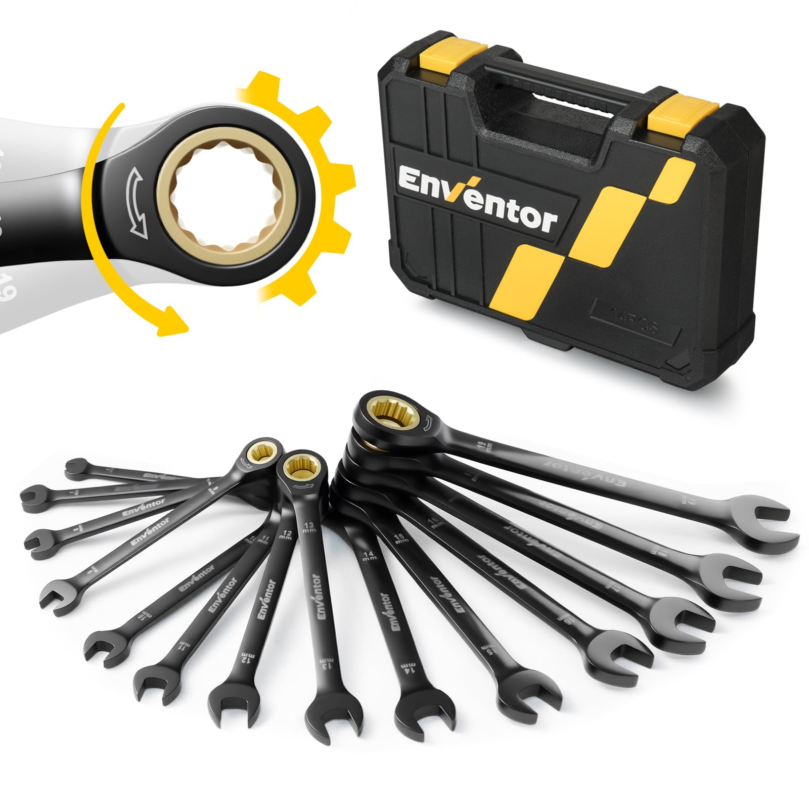 Enventor 14PCS Ratchet Spanner Set - Metric, 6-19mm Ratcheting Combination Spanner Sets with Carry Case, 72-Teeth, 5° Swing Arc, Chrome Vanadium Steel, Electrophoretic Black Coating