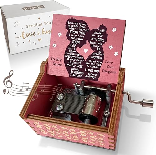 Hcaredee Caja de música de regalo para mamá de hija regalos de mamá con manivela de mano You are My Sunshine cajas musicales de madera para mamá en