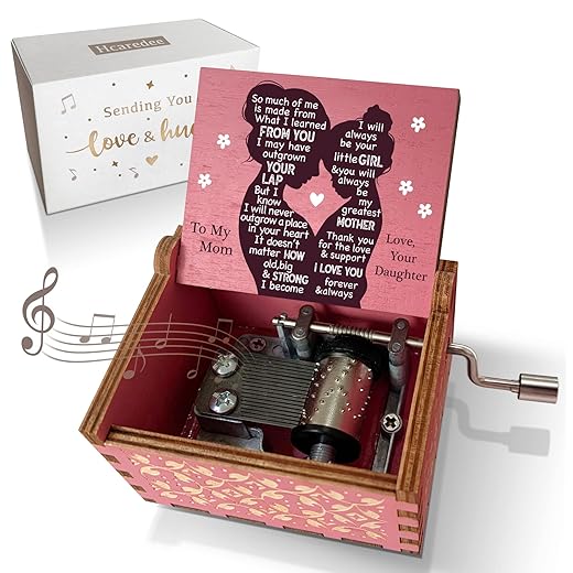 Hcaredee Music Box Gifts for Mom from Daughter,I Love You Mom Gifts You are My Sunshine Hand Crank Wooden Musical Boxes for Mom on Birthday Christmas Mothers Day Pink
