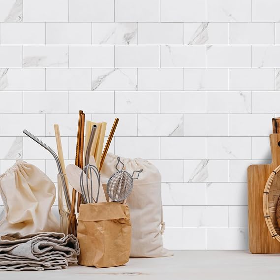 STICKGOO 100-Pieces Peel and Stick Backsplash, 3 x 6 PVC Wall Tile, Marble White Stick on Backsplash for Kitchen/Bathroom/Fireplace