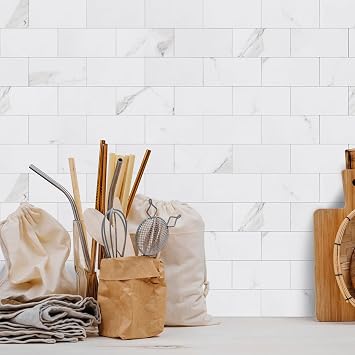 STICKGOO 100-Pieces Peel and Stick Backsplash, 3 x 6 PVC Wall Tile, Marble White Stick on Backsplash for Kitchen/Bathroom/Fireplace