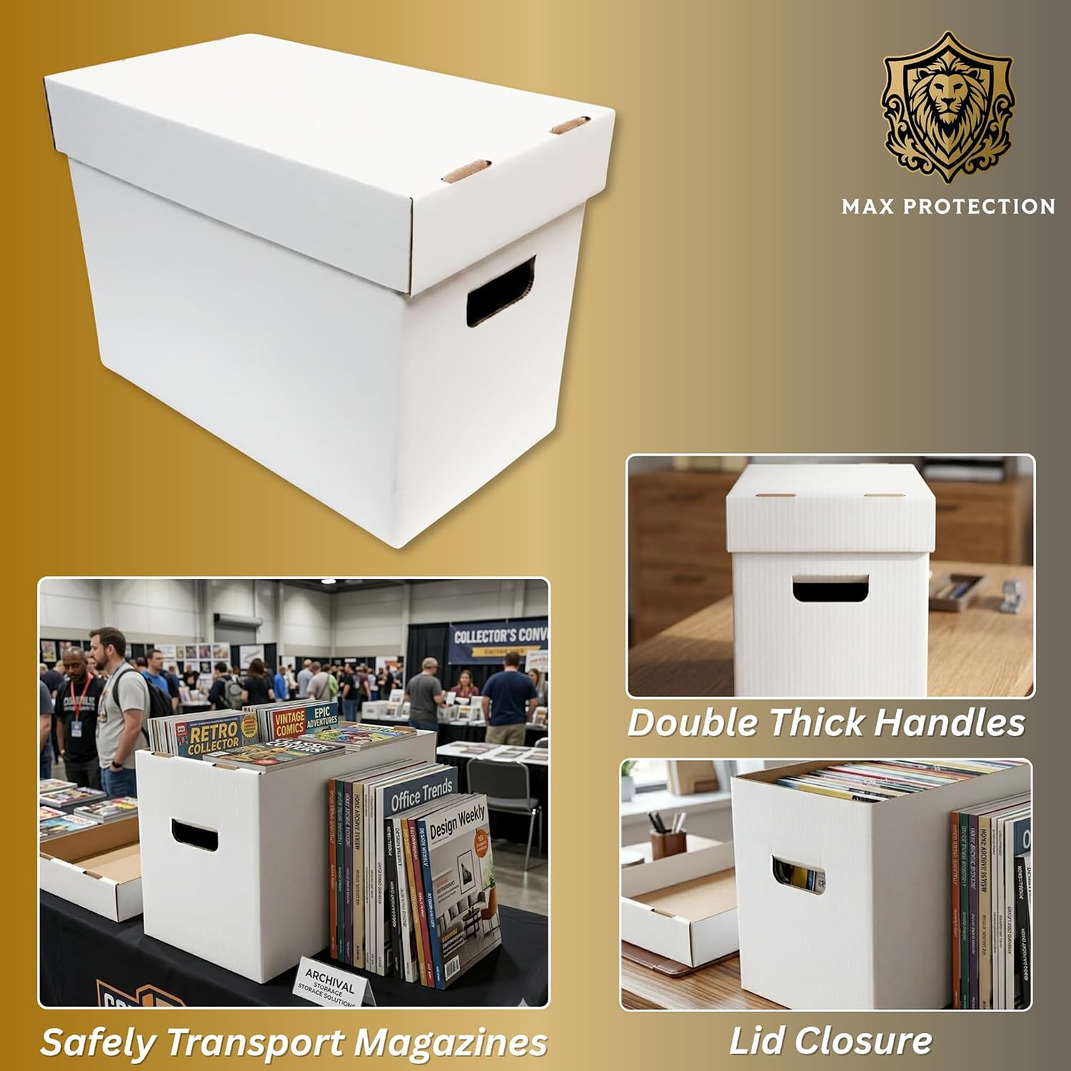 Max Protection Storage Boxes with Lids for Magazine, File, and Document Organization - Heavy Duty 200 lb Test Cardboard Boxes - Made in USA Corrugated Paper, 1 Pack