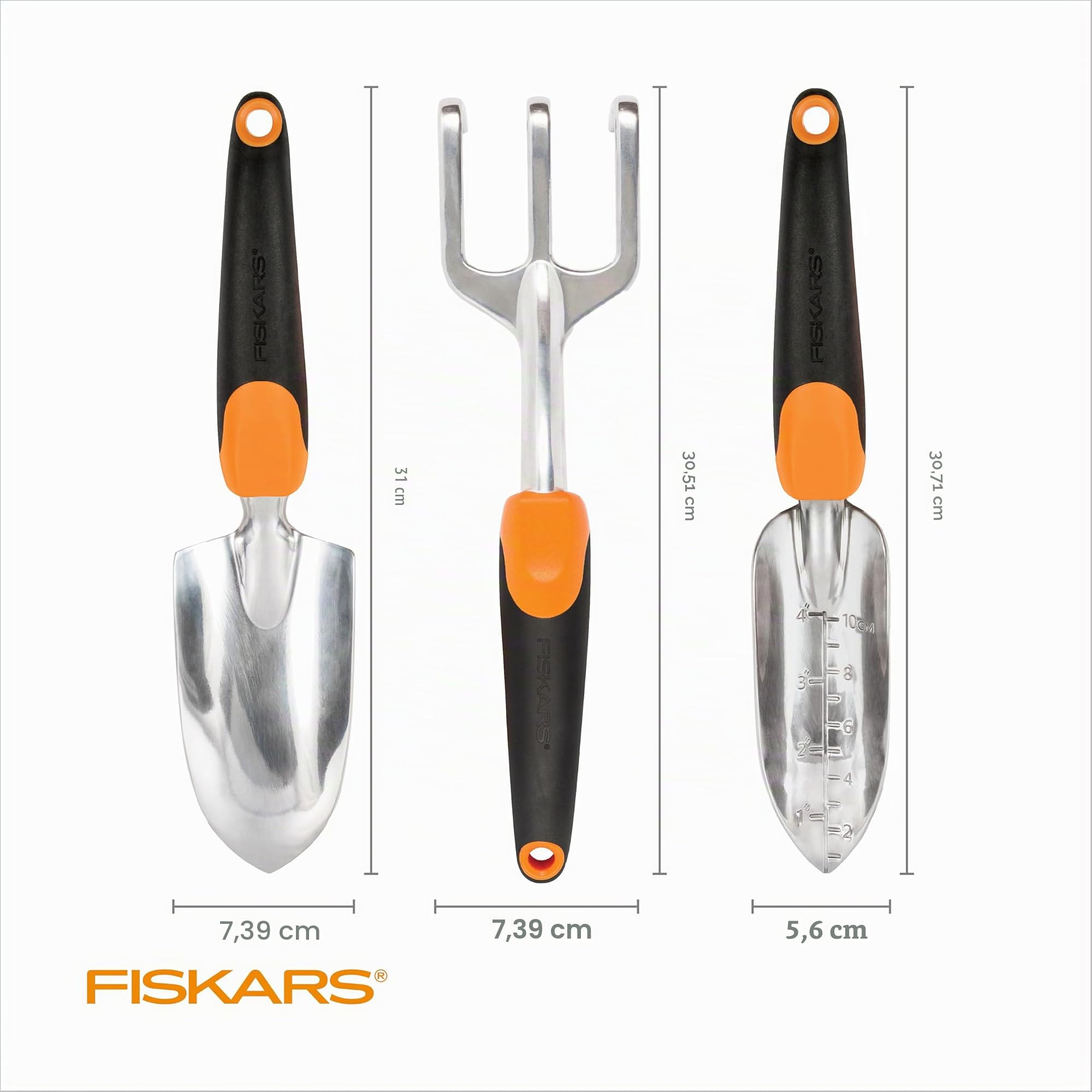 Fiskars Gartenwerkzeug-Set, 3 Stück, inklusive rostbeständiger Kelle, Pflanzgefäß und Kultivator, Gartengeräte für die Bepflanzung im Freien, ergonomisches Hofwerkzeug-Set – Gartengeschenke für Frauen