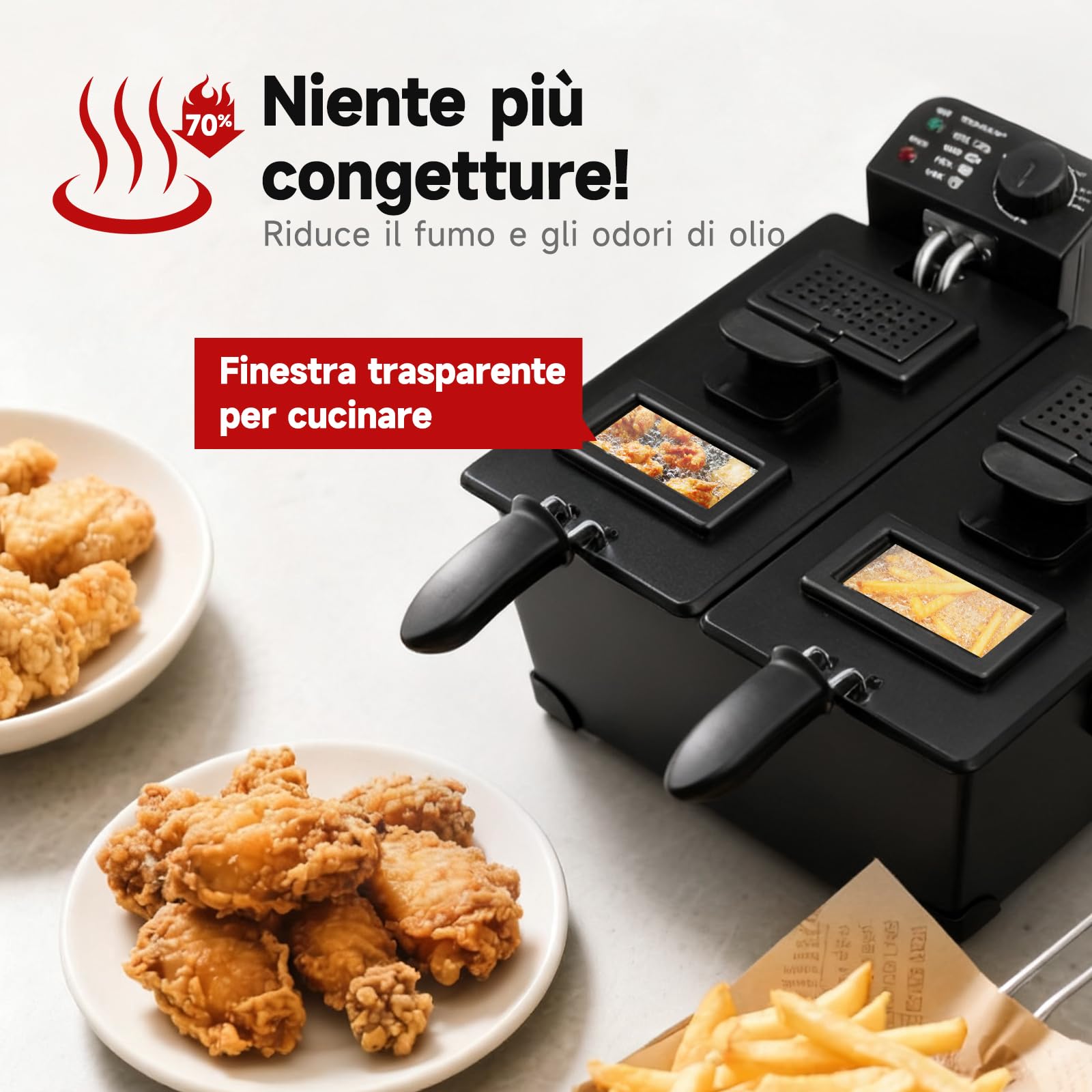 Aigostar Friggitrice doppia vasca. capacità totale 6L, 2 cestelli da 3L. Controllo termostatico, coperchi con finestre. Friggitrice elettrica professionale senza BPA.3600W