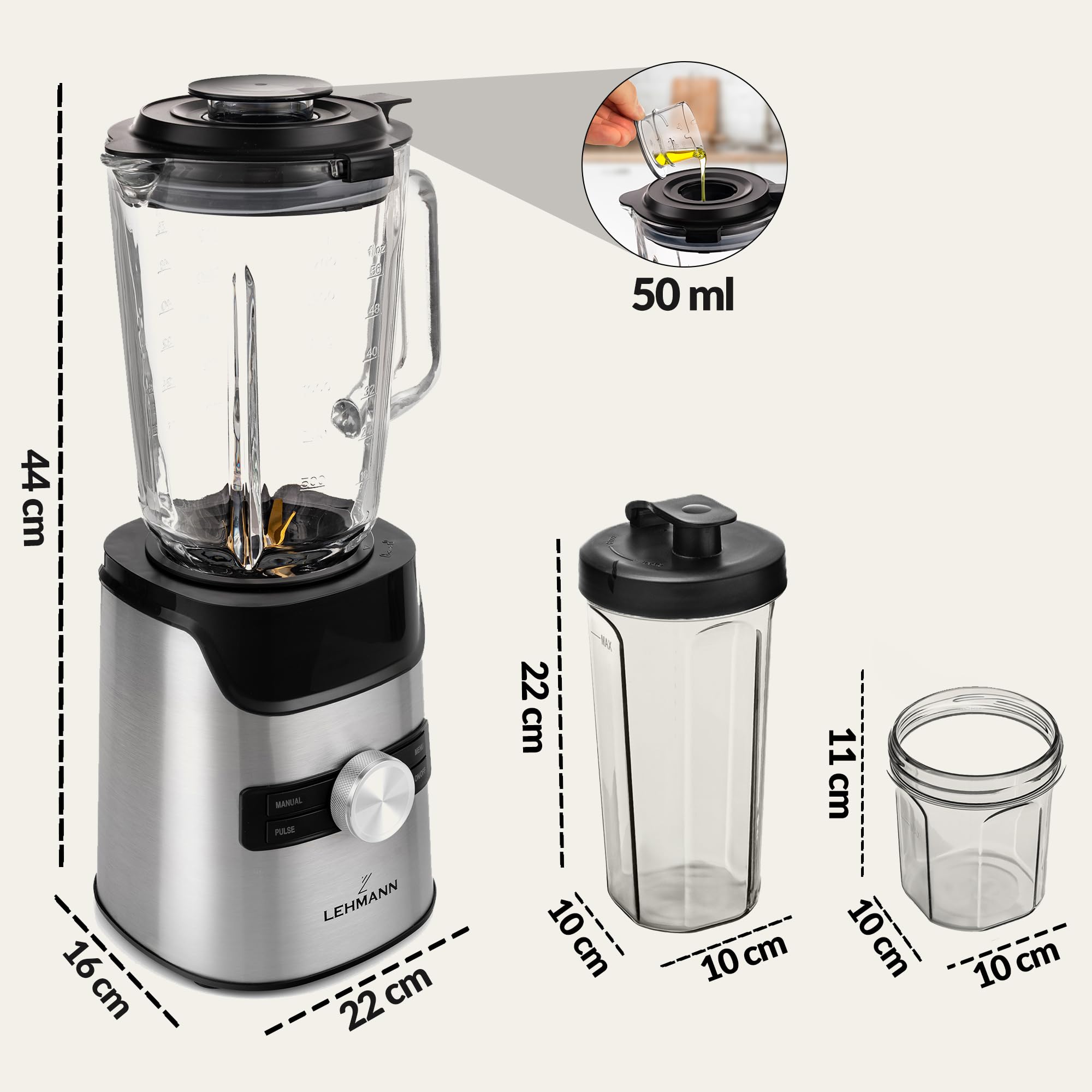 LEHMANN Blender avec Bol en Verre 1,7 L, 10 Vitesse Ajustable, Pulse et 3 Programmes - Smoothie, Milkshake, Glace Pilée, Nettoyage Facile, Bouteille Blend & Go et Moulin sans BPA, 1400 W, Argent