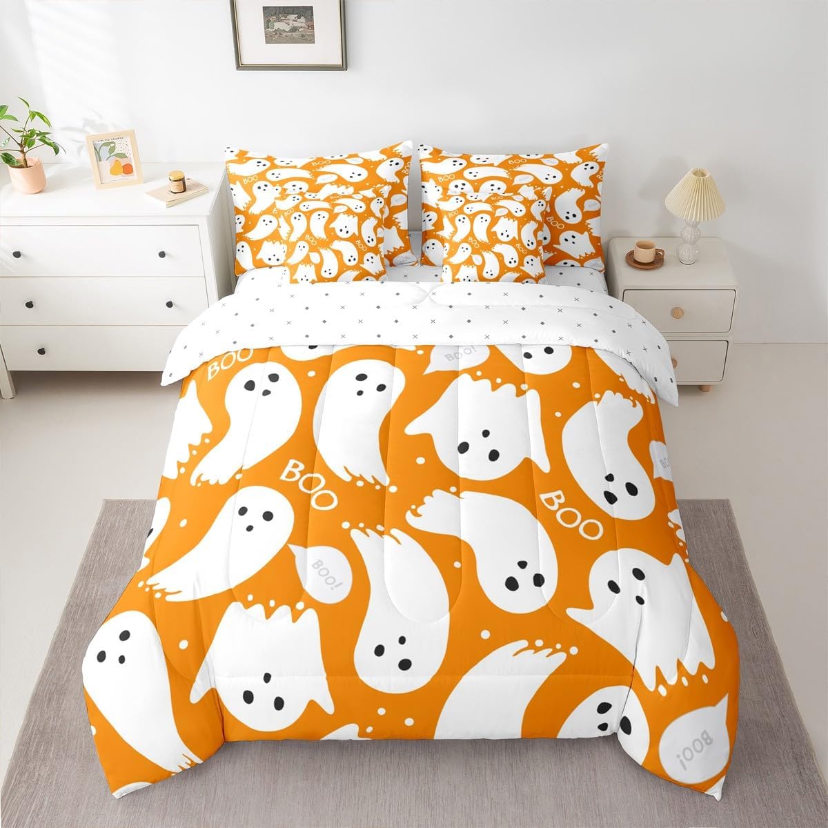 Feelyou Kids Teal Ghost Comforter Set Queen Size 7 Pieces Comforters Cute Halloween Bedding Set Trick or Treat Bed Set Bed in a Bag with Comforter, Sheets, Pillowcases & Cushion Covers