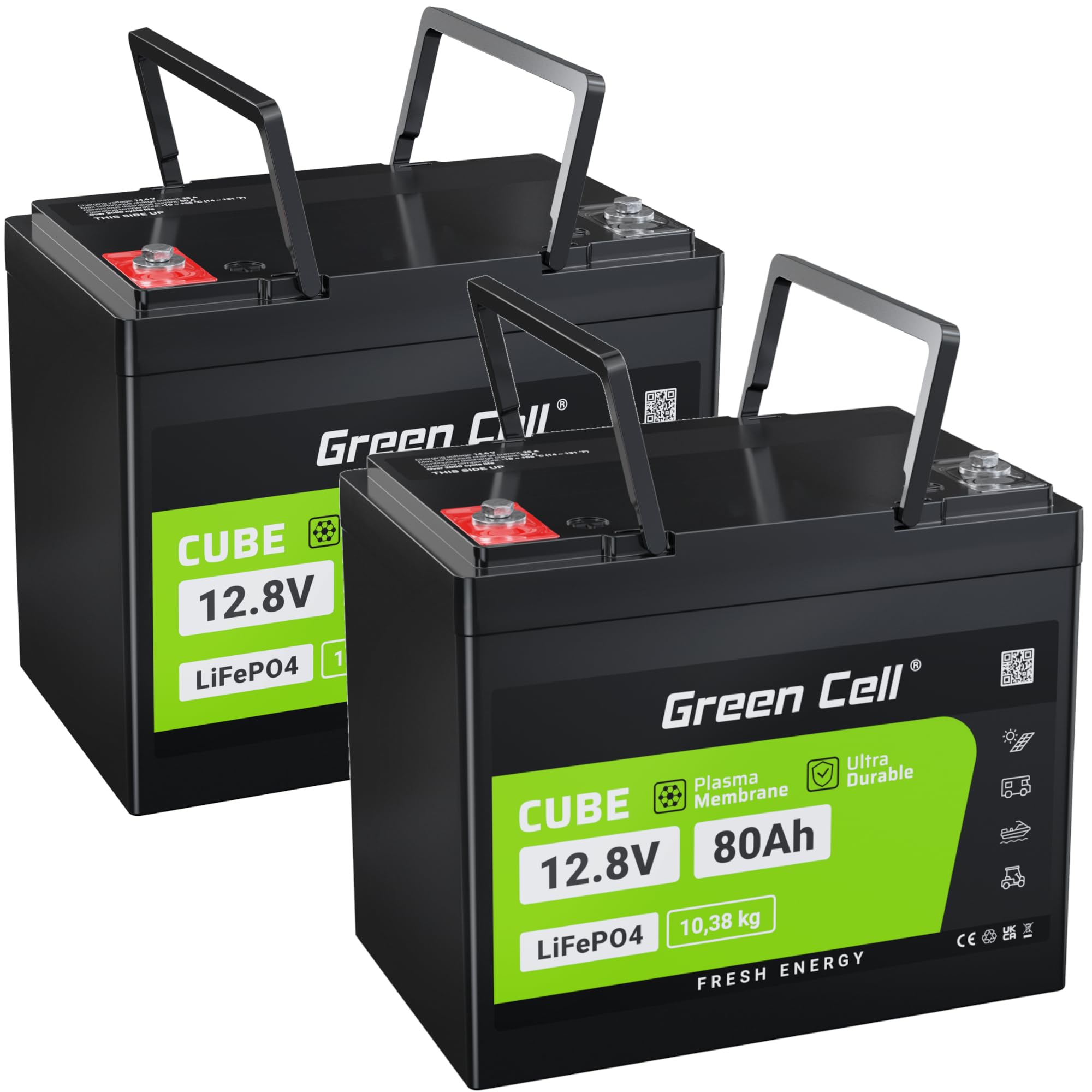Green Cell LiFePO4 zestaw 2 baterii 12,8 V 80 Ah 1024 Wh, akumulator litowy 12 V, BMS, ponad 5500+ cykli, do samochodów kempingowych, przyczep kempingowych, łodzi, golfa, wózków solarnych, motorów,