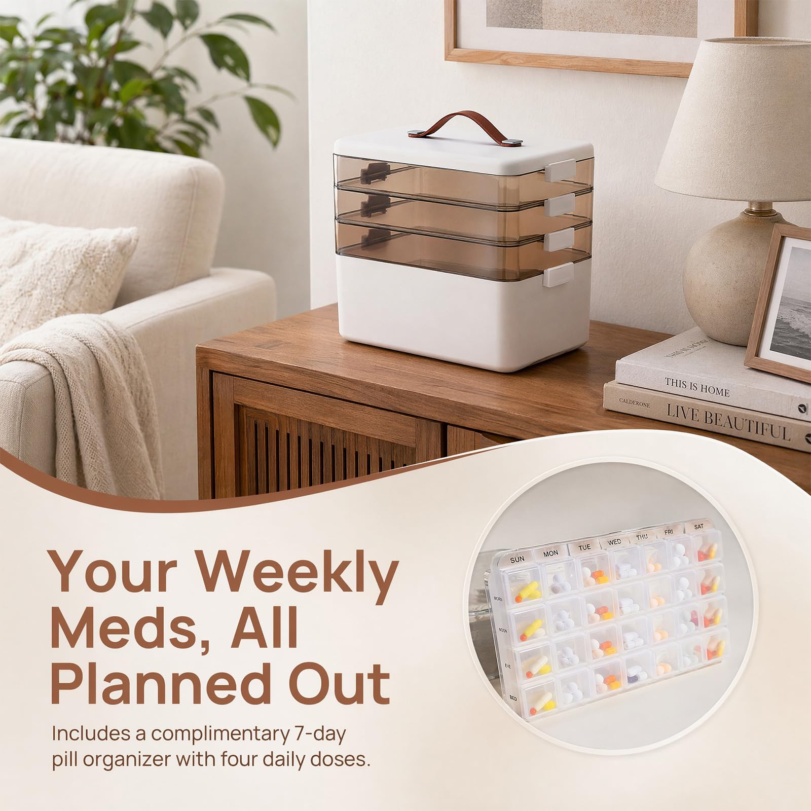 Boîte de rangement pour médicaments 4 Étages, avec Pilulier Hebdomadaire
