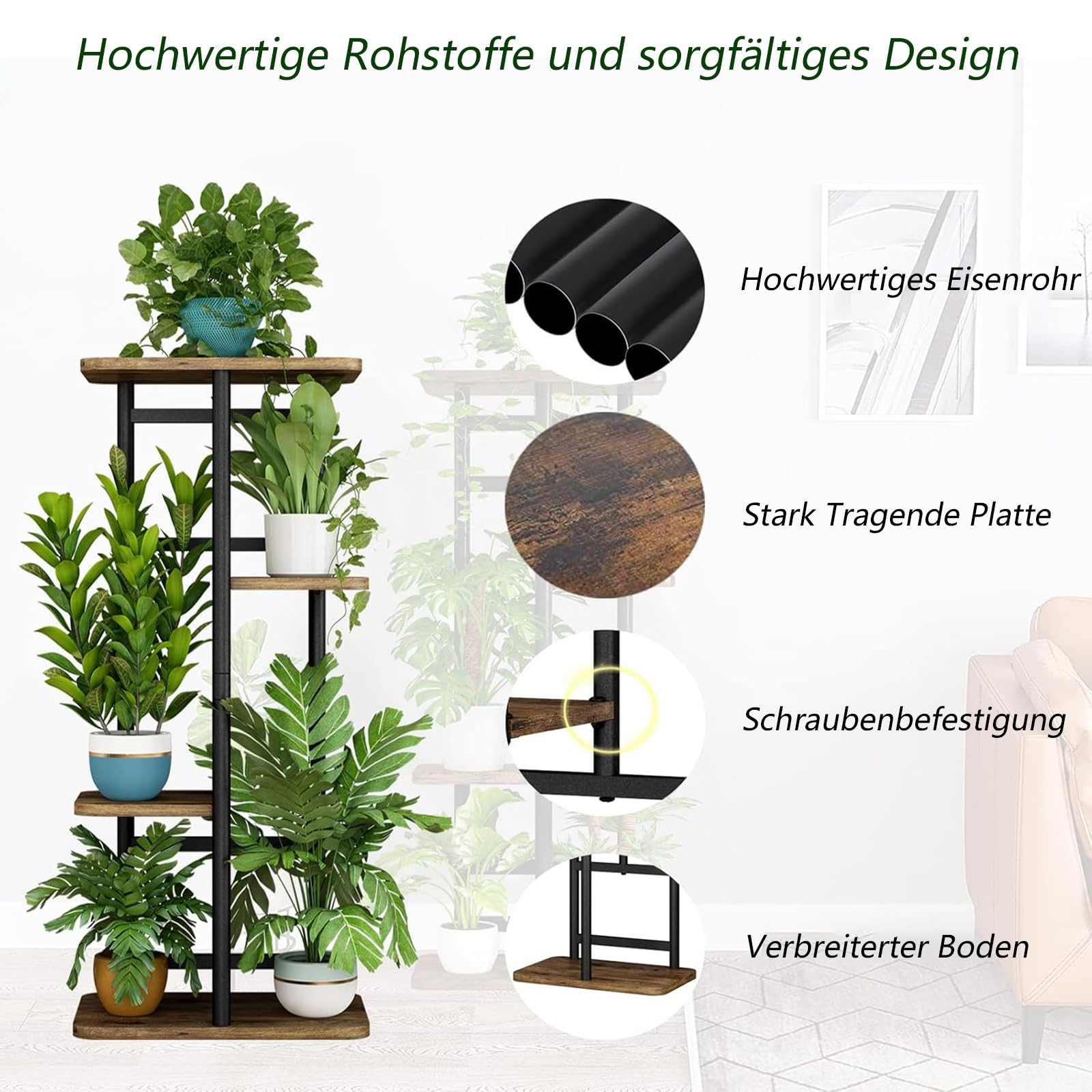 Pflanzenständer Indoor 4 Etagen 5 Topf für mehrere Pflanzen Eckpflanzentisch für Terrasse Garten Balkon Wohnzimmer (Schwarz, 4 Etagen)