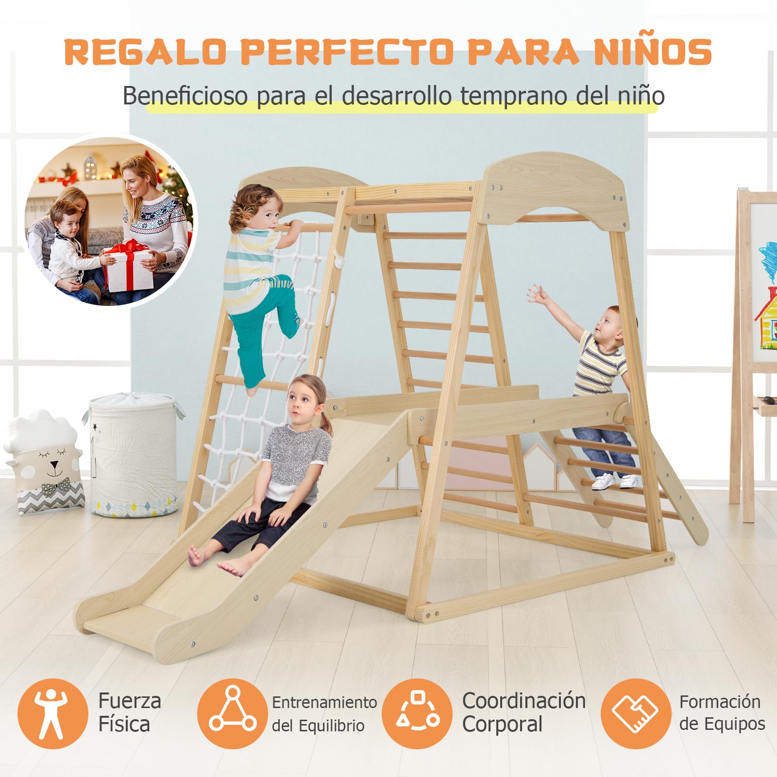GOPLUS 6 en 1 Triángulo de Escalada Parque para Niños de 1 Año+, Juguetes de Escalada Grande de Madera con Tobogán/Red de Escalada/Barra, Juego de Montessori, Torre de Escalada, Carga 200 KG, Natural