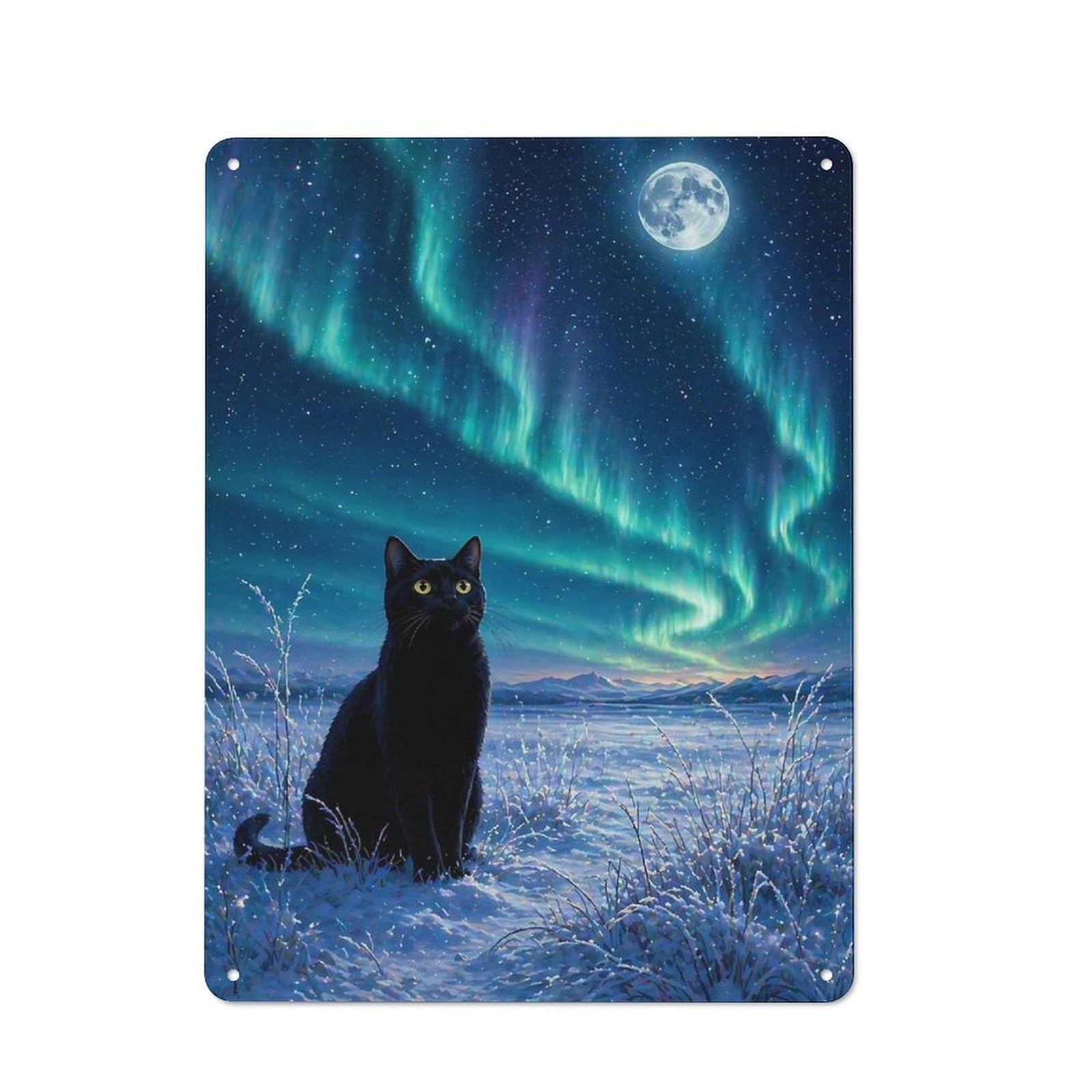 Industrial Black Cat Under The Aurora Borealis Retro Metal Sign 40x30cm, Shed Wall Plaque for Garage, Workshop, Shed Or Utility Room