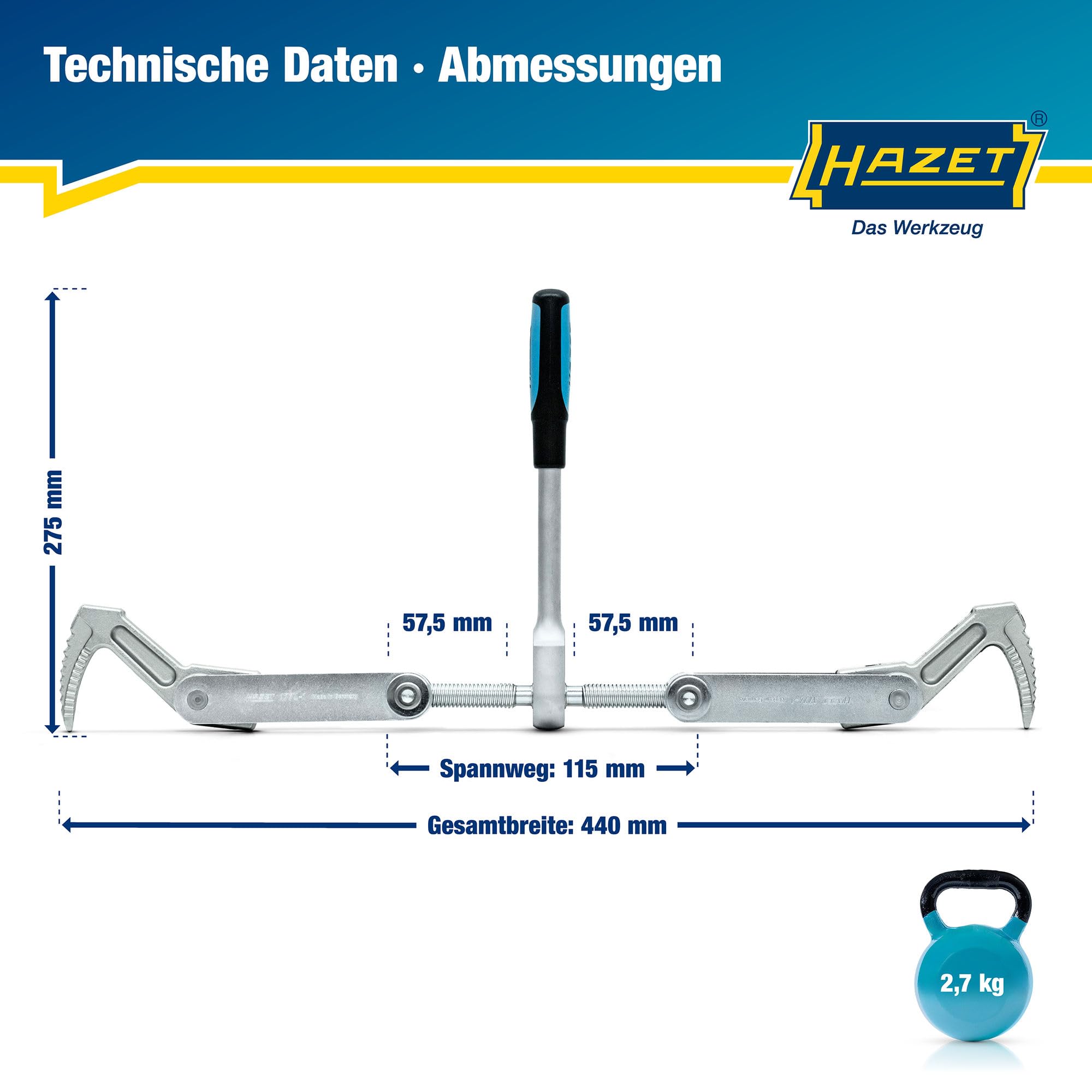 HAZET Balken-Zuggerät 1774-1 I Spannweg: 115 mm, Gesamtbreite: 440 mm, Knarrenlänge: 275 mm, Trapezgewinde TR 16 x 5 I zum Spannen, Ziehen und Zusammenpressen von Hölzern
