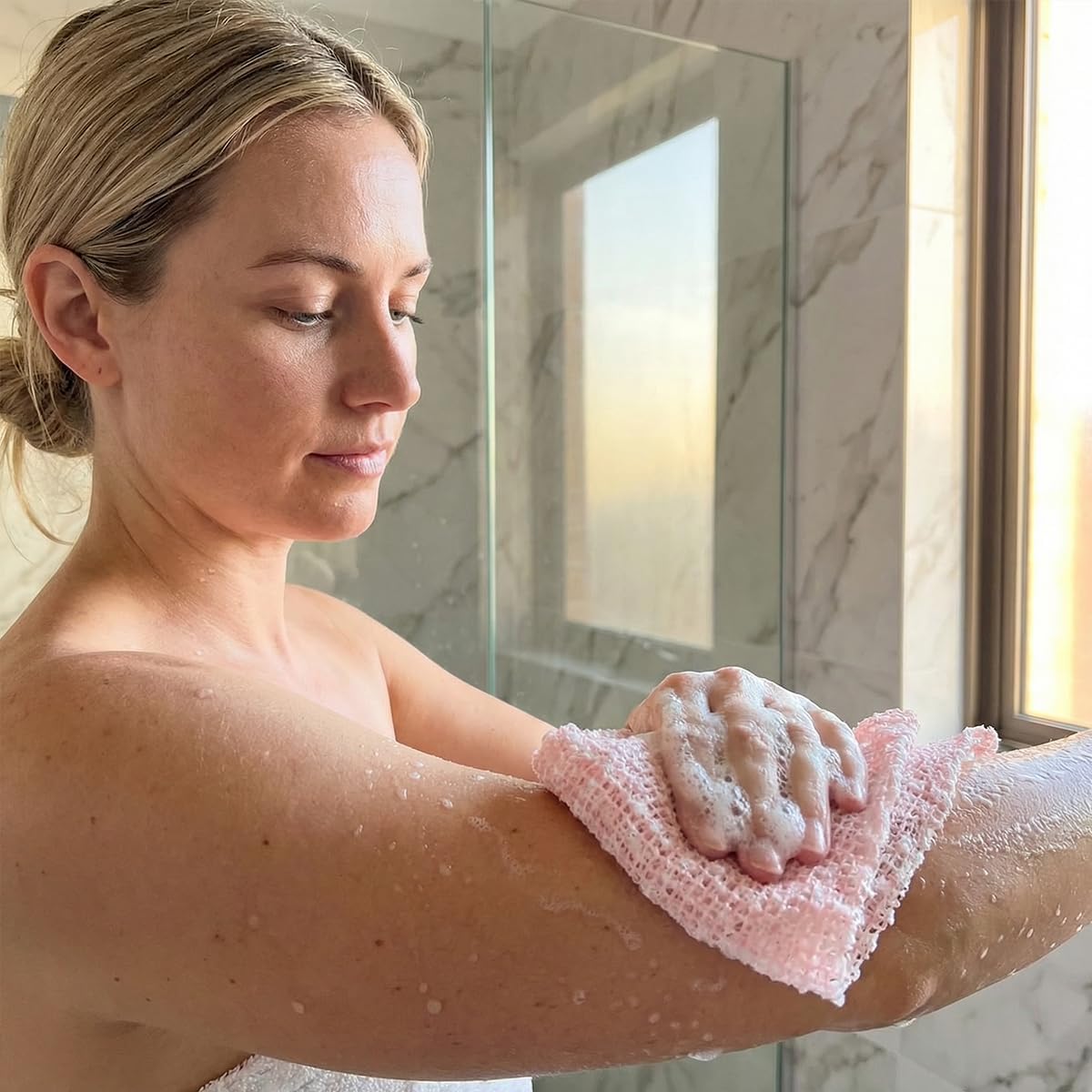 BLISSAL Exfoliating Shower Towel 47" – 2 Pack Premium Microfiber Body Scrub Towels, Dual-Sided Deep Exfoliating & Gentle Washcloth, Quick-Drying Body Back Scrubber for All Skin Types (Black & Pink) - Image 3