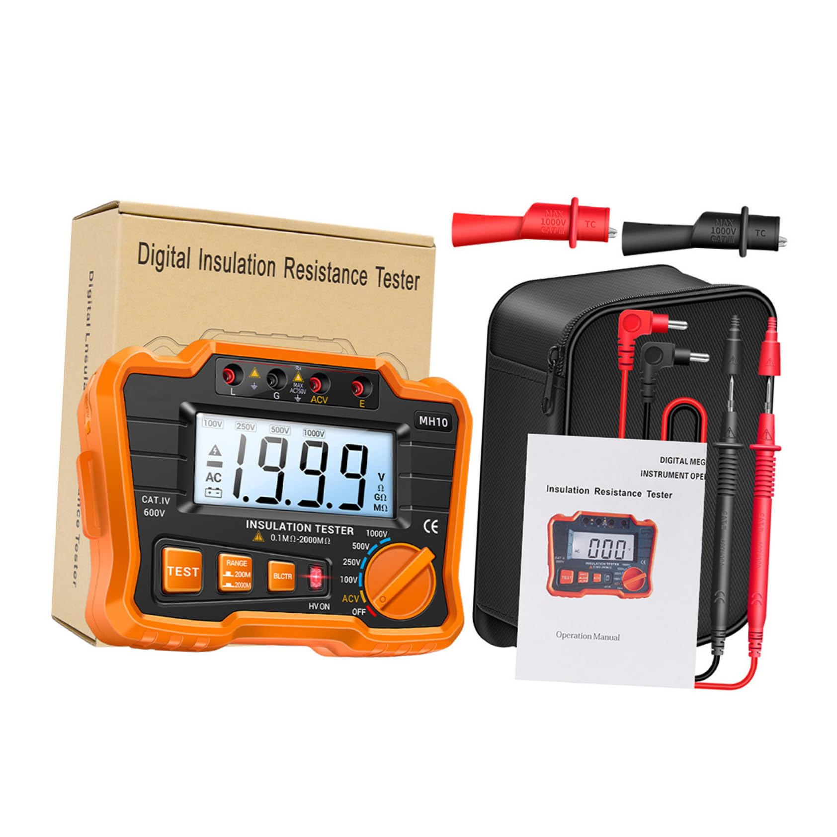 Baluue Probador de Aislamiento Digital Mh10 Pantalla LCD Megóhmetro de Resistencia de Aislamiento Eléctrico Medidor de Resistencia de Tierra sin Batería Instrumento para Mantenimiento