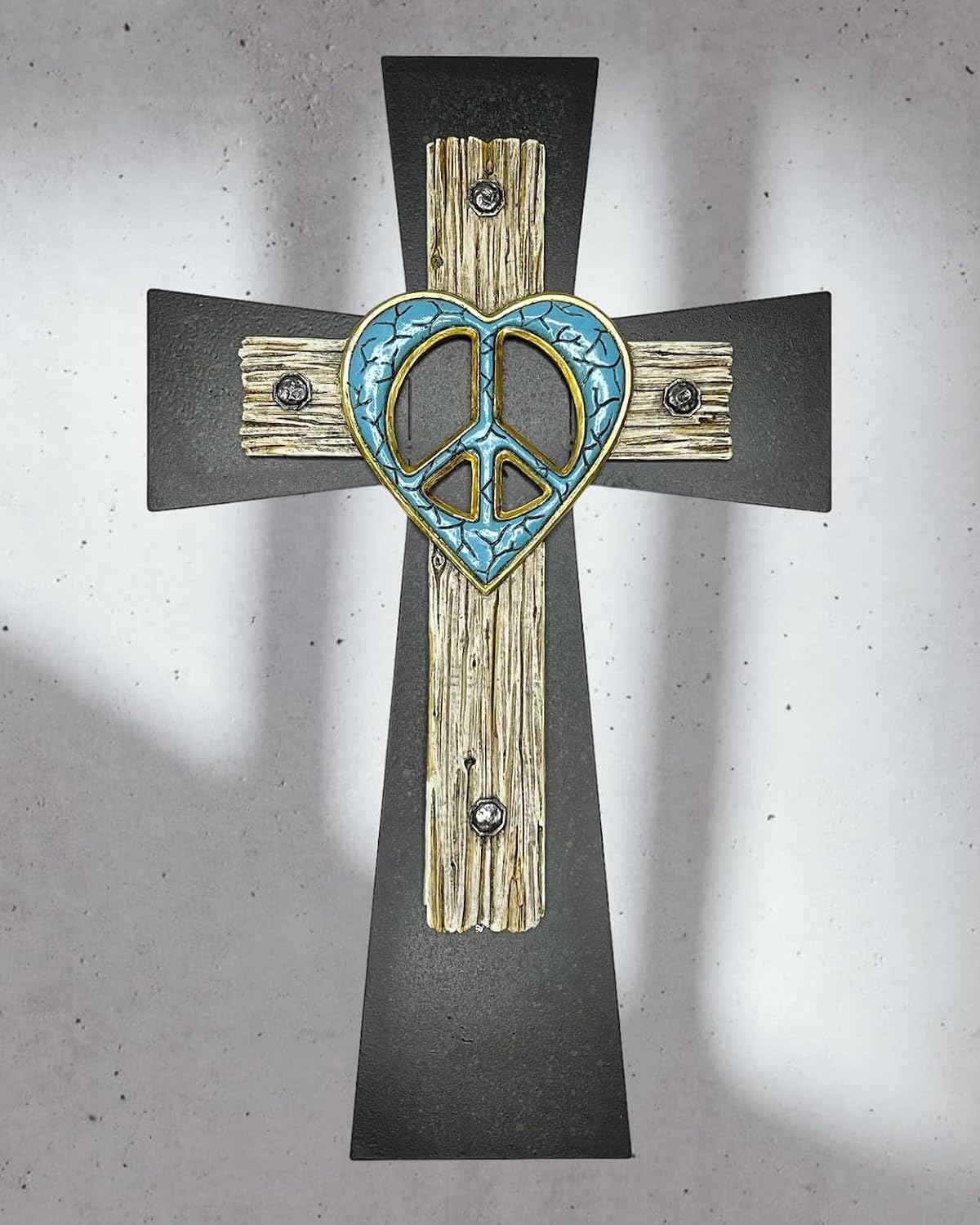 Top Brass Unique Peace Sign/Heart Wall Mounted Cross – Welded Flared Metal Base Cross – Spiritual Jesus Art Decor