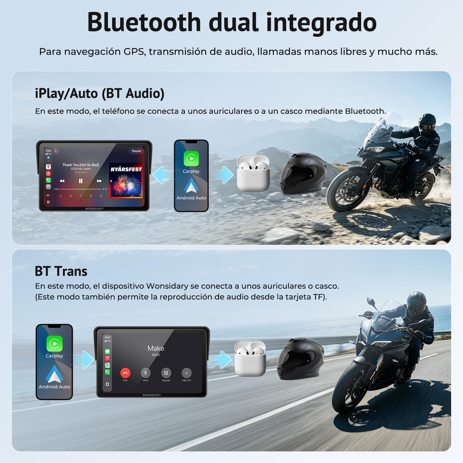 W722TPMS Pantalla CarPlay Moto 7 Pulgadas con CarPlay y Android Auto Inalámbrico,TPMS,GPS Moto IP67 Impermeable,Audio Bluetooth Dual,Control por Voz, EQ,Sensor de Luz,Alimentación USB/Acc