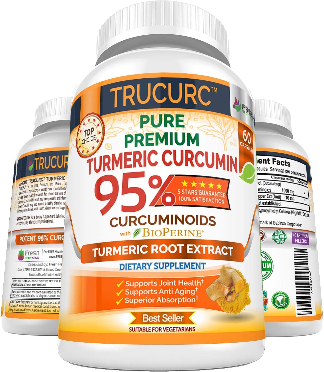 FRESH HEALTHCARE Trucurc Turmeric Curcumin with Black Pepper - 95% Pure Curcumin for Potent Joint Support - Max Absorption for Natural Joint Health - 60 Turmeric Capsules